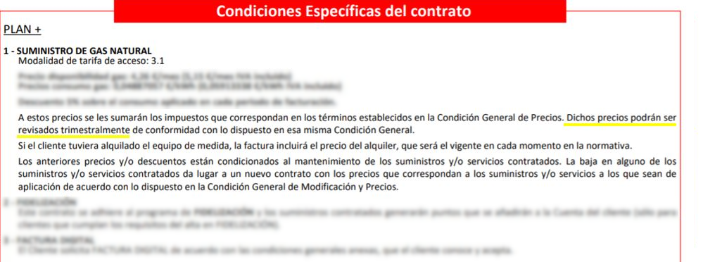 Condiciones específicas contrato gas