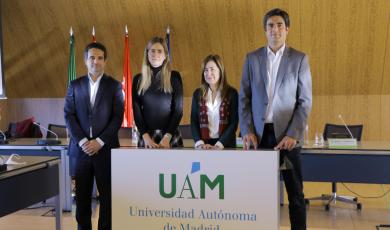 Yago Mancebo, Director General para Europa de TotalEnergies Renewables International; Sara Aagesen, Secretaria de Estado de Energía; Amaya Mendikoetxea, Rectora de la UAM y Antoni Trasobares, director del CTFC durante la presentación de la cátedra.