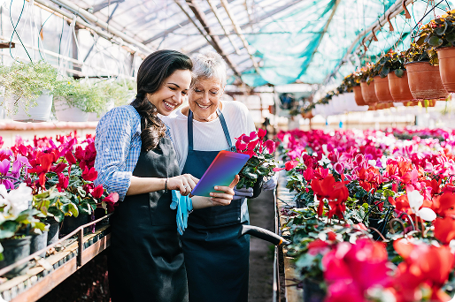 dos mujeres sonrientes consultan un documento en un invernadero frente a varias flores de color rosa